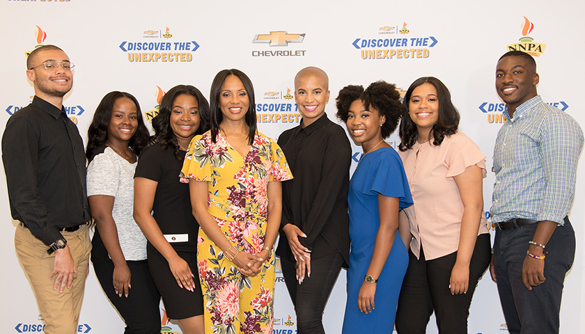 (From left-right): Tyvan Burns of Norfolk State University; Denver Lark of North Carolina A&T University; Ila Wilborn of Florida A&M University; Hip-hop legend MC Lyte; NNPA DTU Road Trip Navigator Dana Blair; Daja E. Henry of Howard University, Diamond Durant of Morgan State University; and Natrawn Maxwell of Claflin University. (DTU)