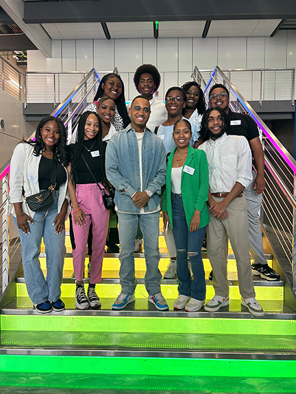 TV host, actor, and mentor Terrence J, front, center, poses for a photo with the 2023 Chevrolet Discover the Unexpected HBCU fellows on June 6 at StockX in Detroit. Photo by Jo Lynn Lewis